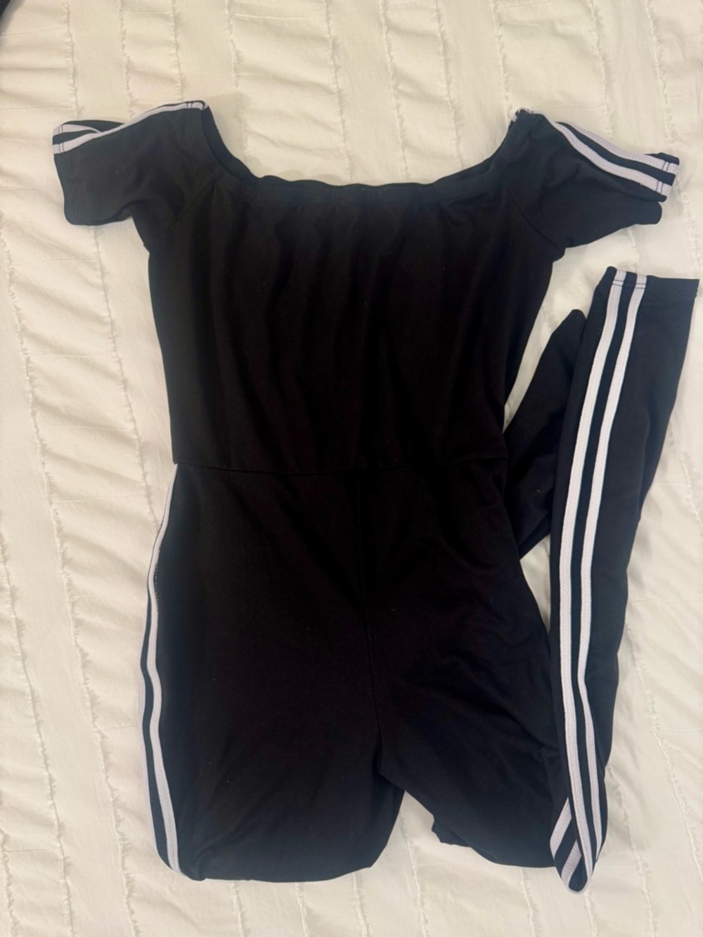 Black Off-Shoulder Jumpsuit with White Side Stripes